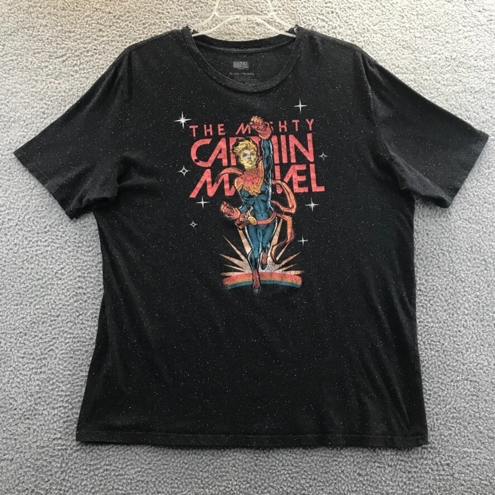 The Mighty Captain Marvel T Shirt Adult Size 2X Black White Speckled
